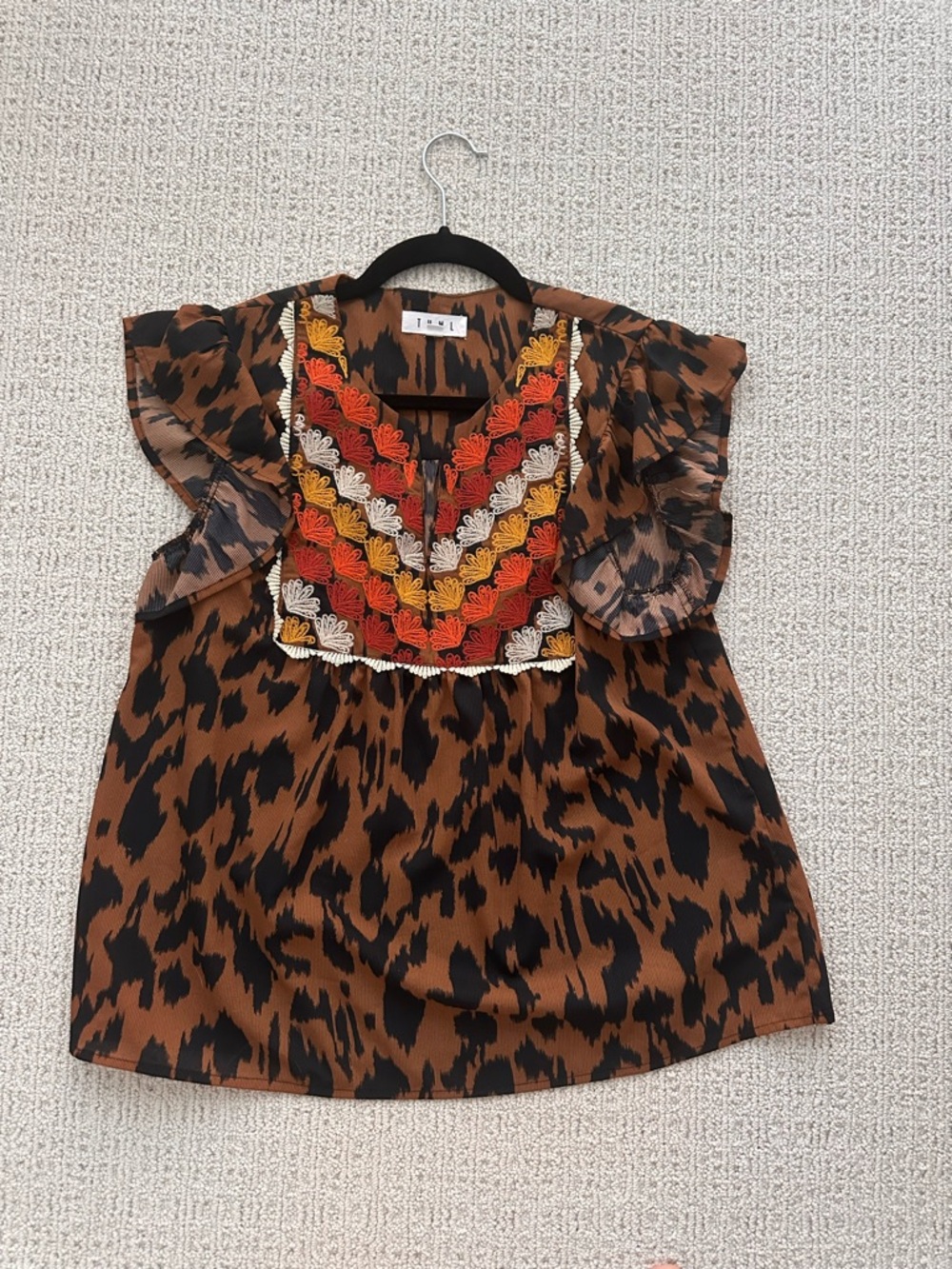 THML Brown and Black Leopard Print Top with Orange Embroidery